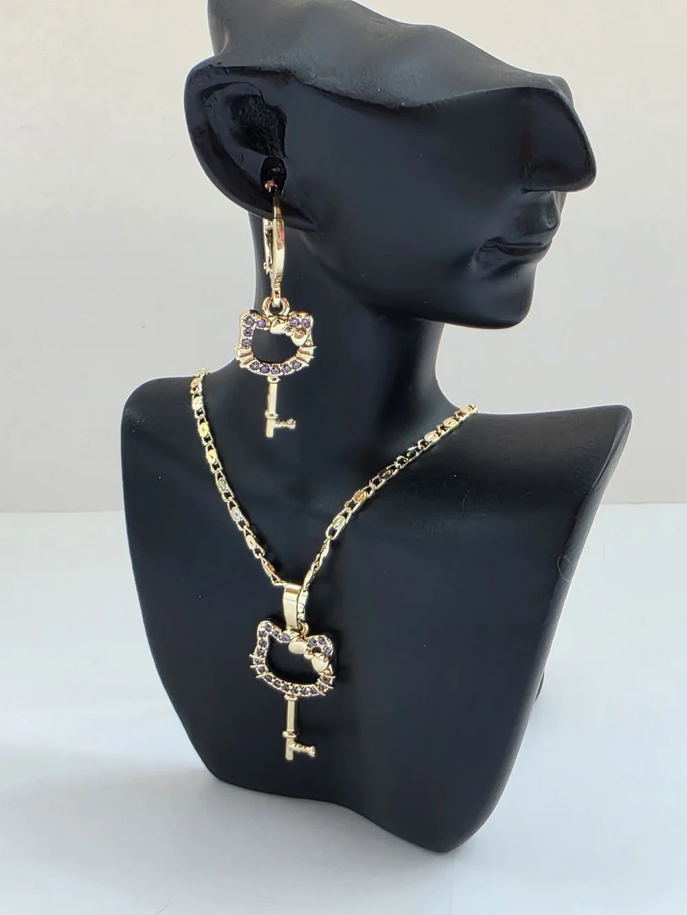 3-Piece 18K Gold Plated Hello Kitty Key Necklace & Earrings Jewelry Set (NWT)